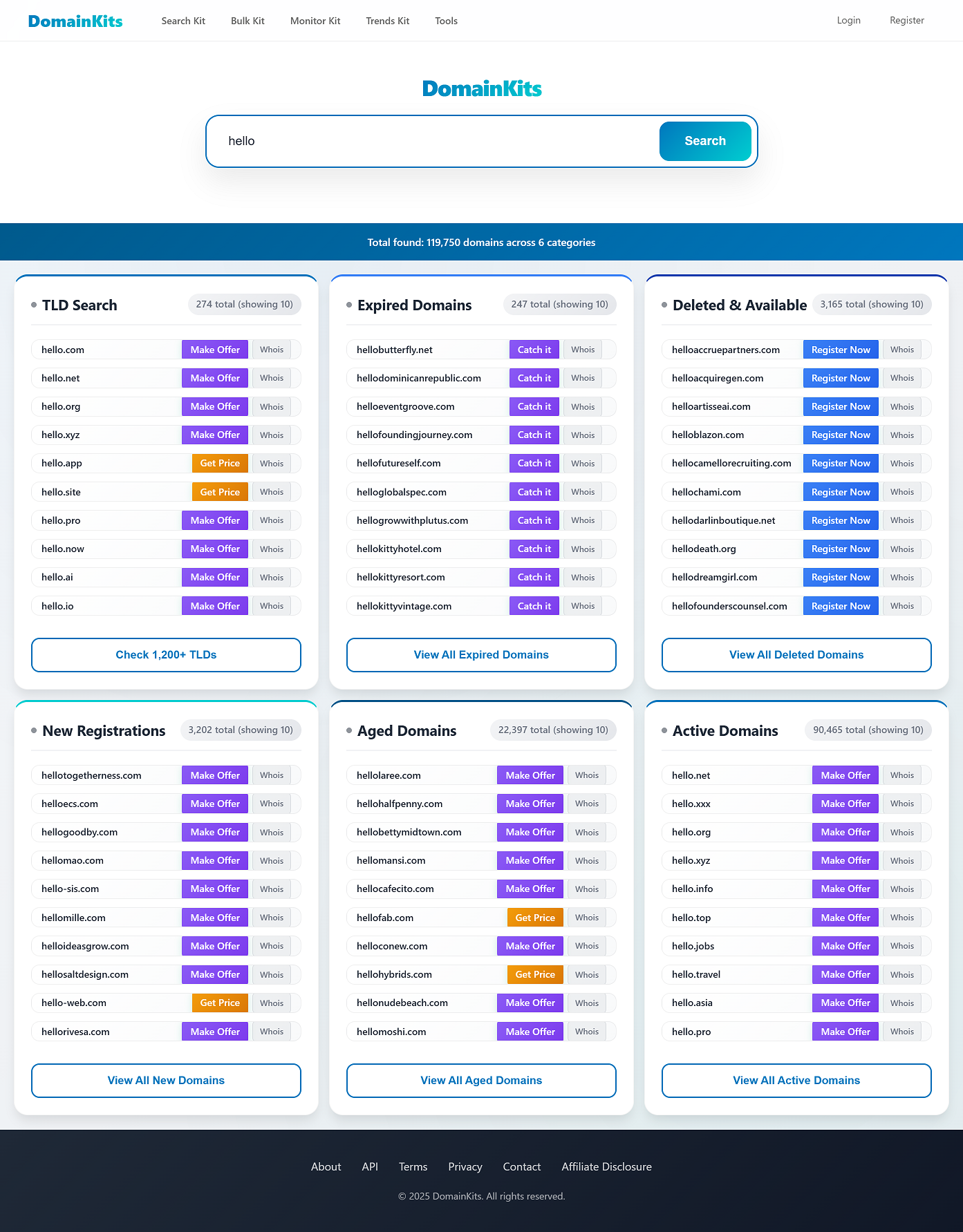 DomainKits Main Search Result showing 6 categories